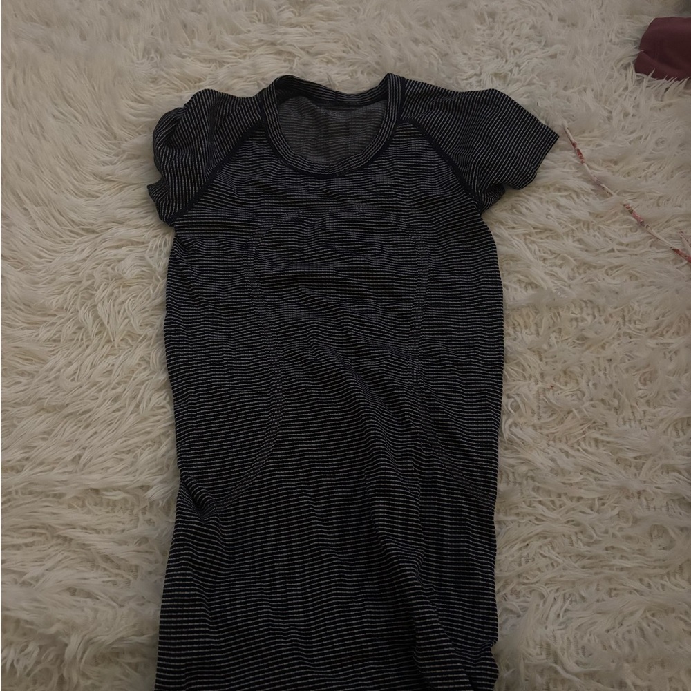 Navy Blue and White Striped athletic lulu shirt